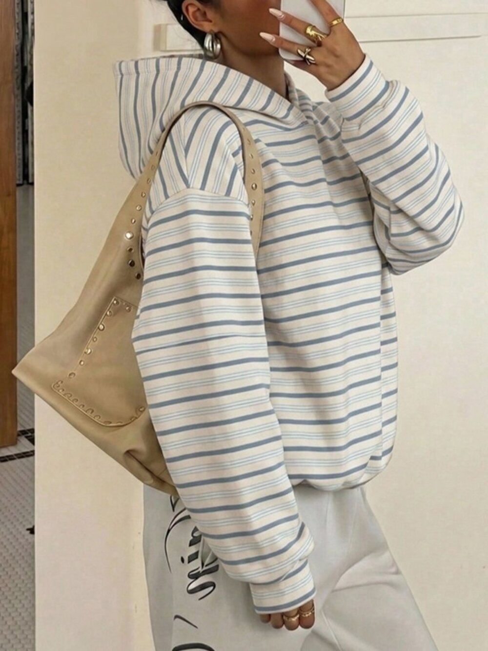 Multicolor Casual Women's Striped Print Long Sleeve Hooded Sweatshirt